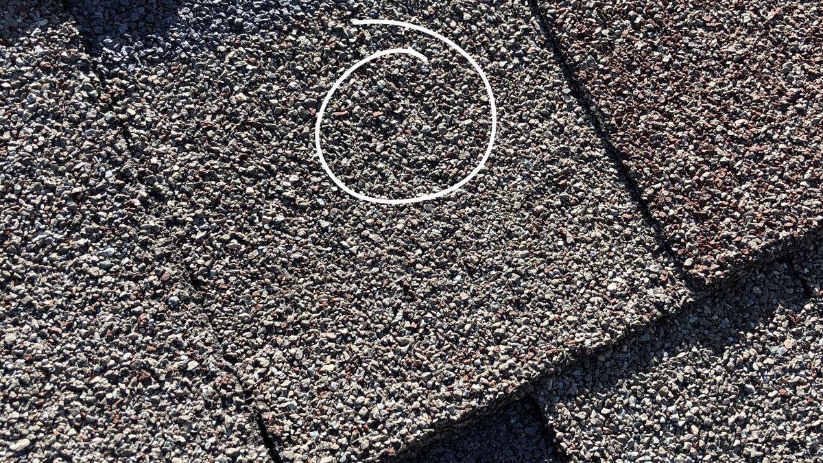 Documented hail damage on an asphalt shingle roof in Plano, Texas